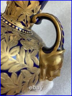 Antique Royal Crown Derby Cobalt Blue/Gold Double-Handle Bulbous Vase As Is