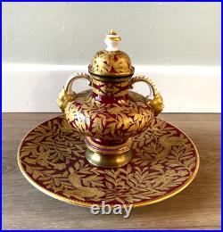 Antique Royal Crown Derby Figural Inkwell Heavily Gilded Ruby Red- Old Marriage