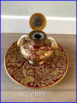 Antique Royal Crown Derby Figural Inkwell Heavily Gilded Ruby Red- Old Marriage