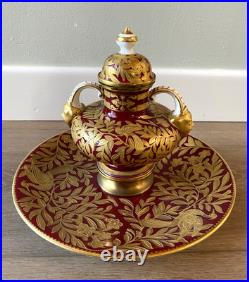 Antique Royal Crown Derby Figural Inkwell Heavily Gilded Ruby Red- Old Marriage