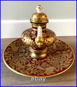 Antique Royal Crown Derby Figural Inkwell Heavily Gilded Ruby Red- Old Marriage