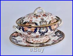Antique Royal Crown Derby Imari KINGS 3 Piece Soup Tureen Tureen & Plate #563