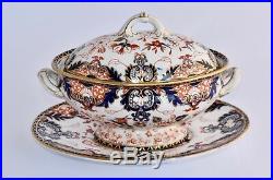Antique Royal Crown Derby Imari KINGS 3 Piece Soup Tureen Tureen & Plate #563