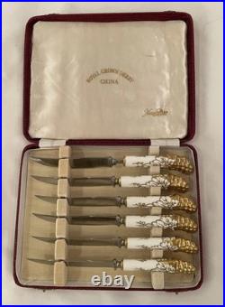 Antique Royal Crown Derby LeWitt Set of 6 Knives 7 Hard Case