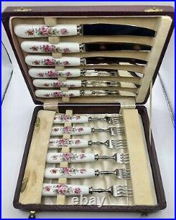 Antique Royal Crown Derby Poises Fruit Knife & Fork China 12 Piece Set