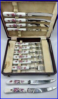 Antique Royal Crown Derby Poises Fruit Knife & Fork China 12 Piece Set