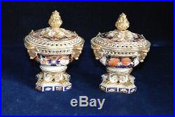 Antique Royal Crown Derby Porcelain Amari Pattern Potpourri Urns with Lids