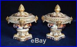 Antique Royal Crown Derby Porcelain Amari Pattern Potpourri Urns with Lids