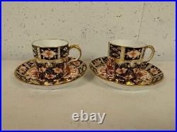 Antique Royal Crown Derby Porcelain Imari 2451 Pair of Demitasse Cups & Saucers