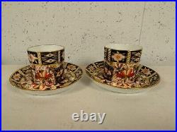 Antique Royal Crown Derby Porcelain Imari 2451 Pair of Demitasse Cups & Saucers