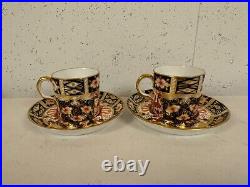 Antique Royal Crown Derby Porcelain Imari 2451 Pair of Demitasse Cups & Saucers