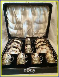 Boxed London 1908 Silver Gilt Coffee Can Holders/saucers, Royal Crown Derby