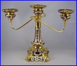 Boxed Royal Crown Derby Old Imari Solid Gold Band Candelabra 1128