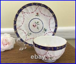 C. 1778 Antique Crown Derby Tea Bowl & Saucer Handpainted Floral & Cobalt Trim