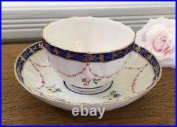 C. 1778 Antique Crown Derby Tea Bowl & Saucer Handpainted Floral & Cobalt Trim