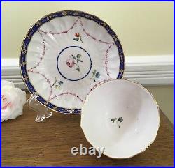 C. 1778 Antique Crown Derby Tea Bowl & Saucer Handpainted Floral & Cobalt Trim