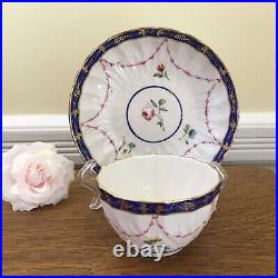 C. 1778 Antique Crown Derby Tea Bowl & Saucer Handpainted Floral & Cobalt Trim