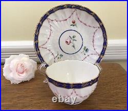 C. 1778 Antique Crown Derby Tea Bowl & Saucer Handpainted Floral & Cobalt Trim