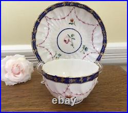 C. 1778 Antique Crown Derby Tea Bowl & Saucer Handpainted Floral & Cobalt Trim