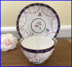 C. 1778 Antique Crown Derby Tea Bowl & Saucer Handpainted Floral & Cobalt Trim