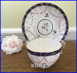 C. 1778 Antique Crown Derby Tea Bowl & Saucer Handpainted Floral & Cobalt Trim