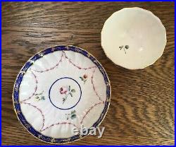 C. 1778 Antique Crown Derby Tea Bowl & Saucer Handpainted Floral & Cobalt Trim