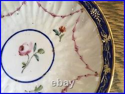 C. 1778 Antique Crown Derby Tea Bowl & Saucer Handpainted Floral & Cobalt Trim