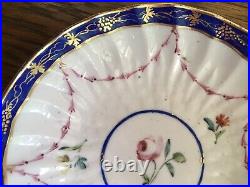 C. 1778 Antique Crown Derby Tea Bowl & Saucer Handpainted Floral & Cobalt Trim