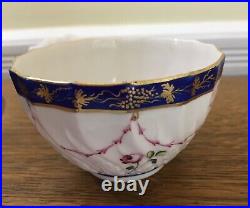 C. 1778 Antique Crown Derby Tea Bowl & Saucer Handpainted Floral & Cobalt Trim