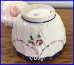 C. 1778 Antique Crown Derby Tea Bowl & Saucer Handpainted Floral & Cobalt Trim