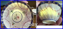 C. 1778 Antique Crown Derby Tea Bowl & Saucer Handpainted Floral & Cobalt Trim