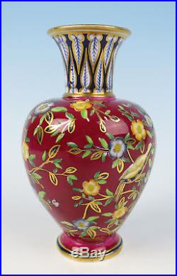C. 1882 Royal Crown Derby Aesthetic Vase Oxblood Porcelain Birds Gold Red Antique
