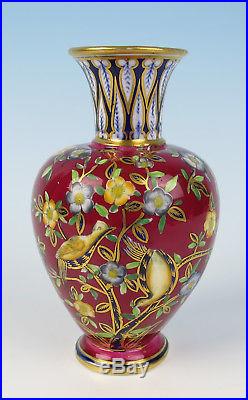 C. 1882 Royal Crown Derby Aesthetic Vase Oxblood Porcelain Birds Gold Red Antique