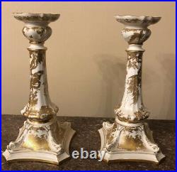English Pair Bone China Royal Crown Derby Gold & White Aves Candlesticks 1957