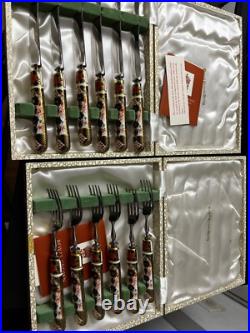 Excellent con Royal Crown Derby Old Imari 6 Forks + 6 Knives withPorcelain Handles