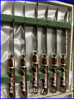 Excellent con Royal Crown Derby Old Imari 6 Forks + 6 Knives withPorcelain Handles