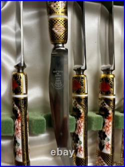 Excellent con Royal Crown Derby Old Imari 6 Forks + 6 Knives withPorcelain Handles
