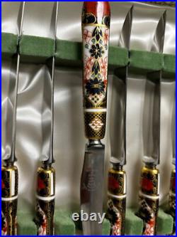 Excellent con Royal Crown Derby Old Imari 6 Forks + 6 Knives withPorcelain Handles