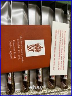 Excellent con Royal Crown Derby Old Imari 6 Forks + 6 Knives withPorcelain Handles