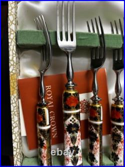Excellent con Royal Crown Derby Old Imari 6 Forks + 6 Knives withPorcelain Handles