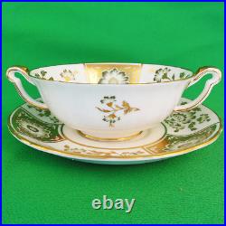 GREEN DERBY PANEL Royal Crown Derby Cream Soup & Stand NEW NEVER USED England