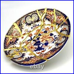 Kintsugi Plate Antique Royal Crown Derby Imari Kings Pattern Gold Japanese Art