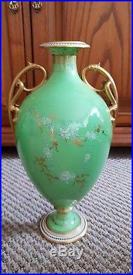 Large Pair Antique Royal Crown Derby Vases Hand Painted Flowers On Green Ground