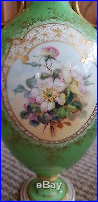 Large Pair Antique Royal Crown Derby Vases Hand Painted Flowers On Green Ground