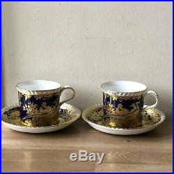 Lovely Pair Rare Royal Crown Derby Paradise Cobalt Coffee Cups & Saucers