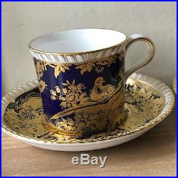 Lovely Pair Rare Royal Crown Derby Paradise Cobalt Coffee Cups & Saucers