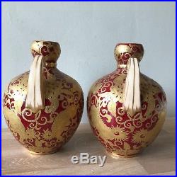 Lovely Pair Royal Crown Derby Chinoiserie Dragon or Foo Dog Design Vases 1887