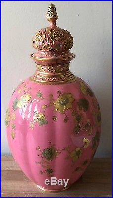 Lovely Royal Crown Derby Large Pink & Gold Chinoiserie Potpourri Jar 1890