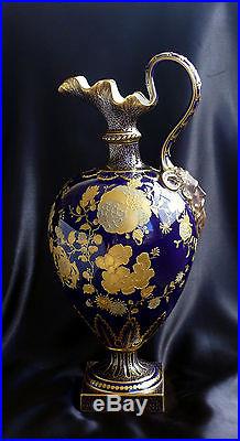 Magnificent 19C Royal Crown Derby Cobalt 15 Bolted Ewer Mask Handle Raised Gold