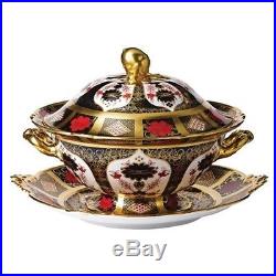 New Royal Crown Derby 2nd Quality Old Imari Solid Gold Band Sauce Tureen & Stand